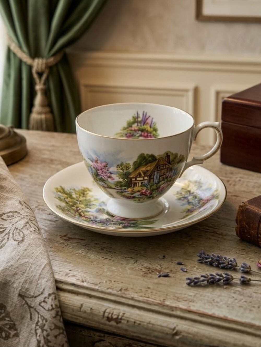 Vintage Royal Vale Bone China Scenic Cottage Tea Cup & Saucer Set